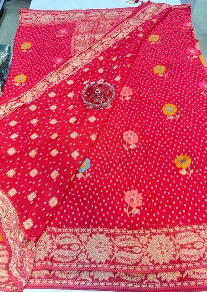 Pure Kaddi Georgette Zari Weaving Saree in Rani Pink with Circular Motifs and Floral Accents – Festive & Wedding Wear Saree for Women