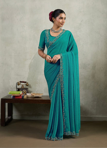 Velvet Chiffon Saree with Dual Tone Zarkan Work and Designer Blouse – Partywear Saree for Women