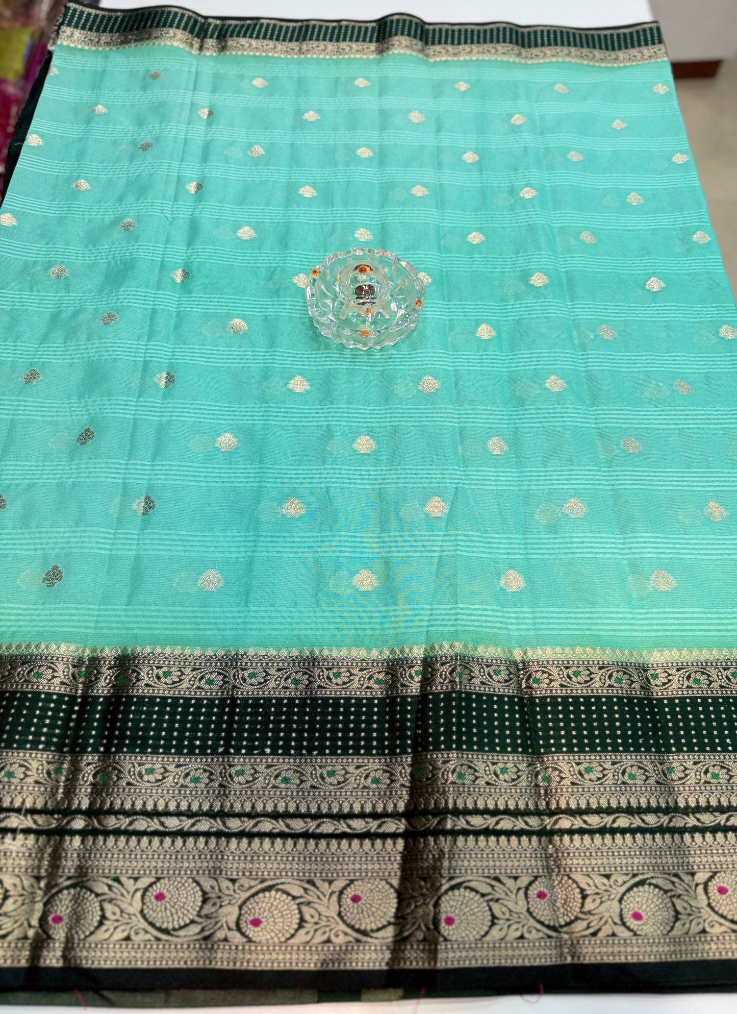 Banarasi semi georgette silk saree with gold zari weaving, meenakari big border and buti design for women