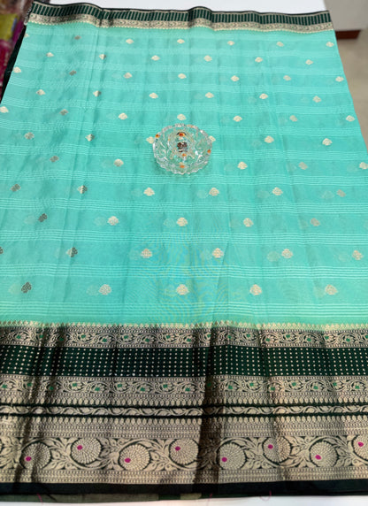 Banarasi semi georgette silk saree with gold zari weaving, meenakari big border and buti design for women