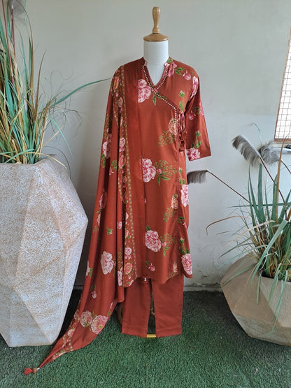 Rust Orange Cotton Kurta Pant Dupatta Set with Floral Print and Flex Mirror Embroidery – Women’s Ethnic Wear
