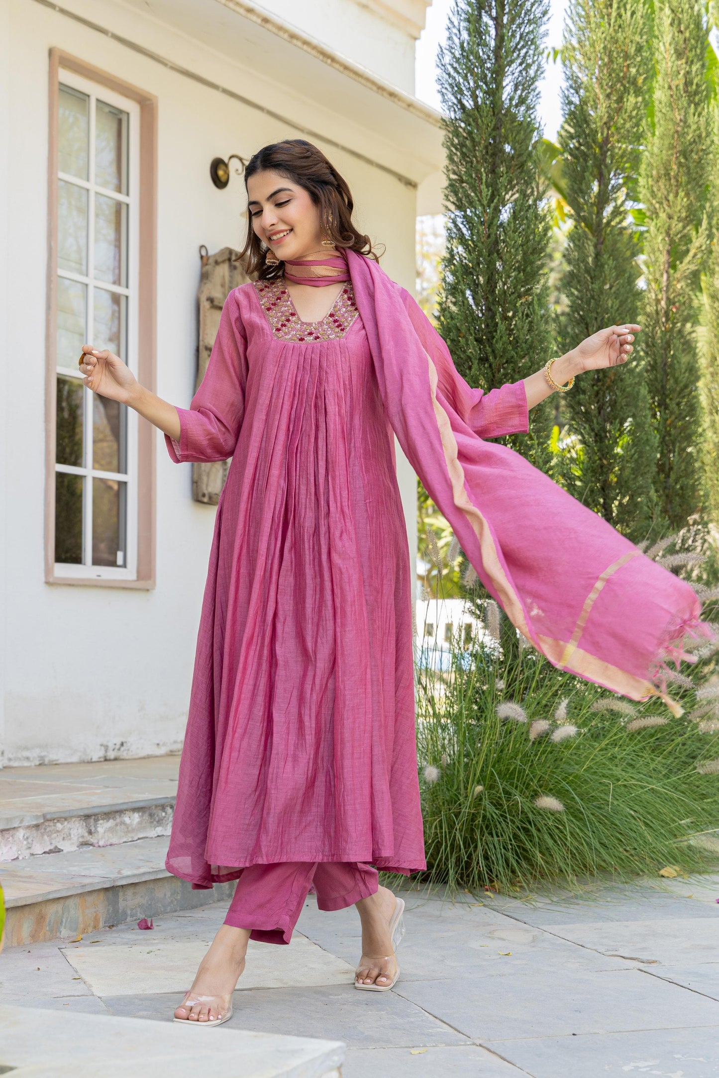 Mal Chanderi Anarkali Kurti Pant Dupatta Set with Embroidery Work for Women