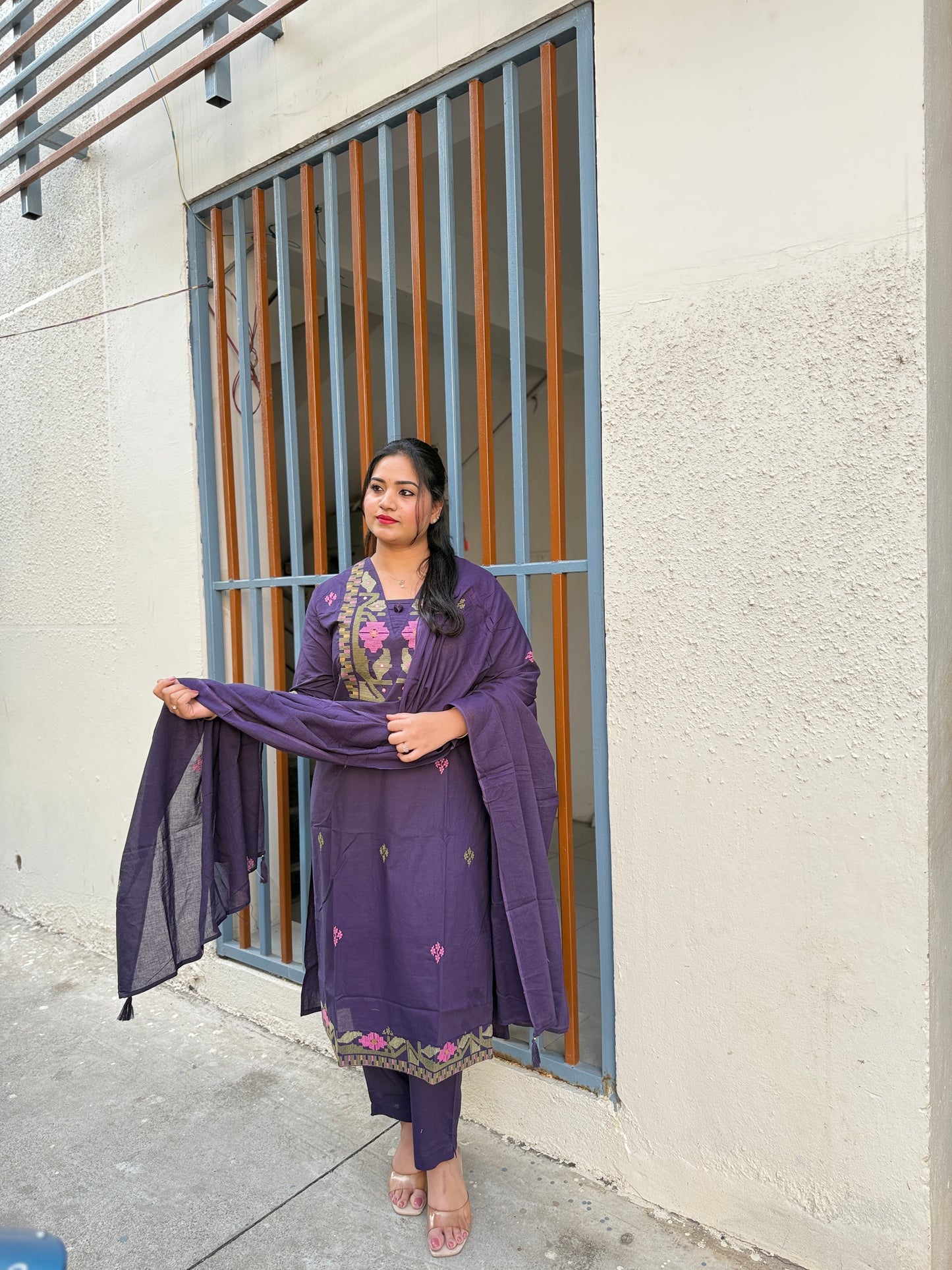 Women's cotton 60x60 straight kurta pant set with dupatta, purple embroidered-look yoke, M–3XL