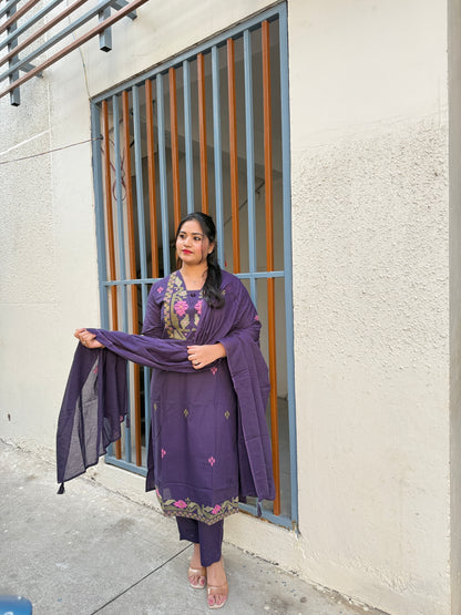Women's cotton 60x60 straight kurta pant set with dupatta, purple embroidered-look yoke, M–3XL