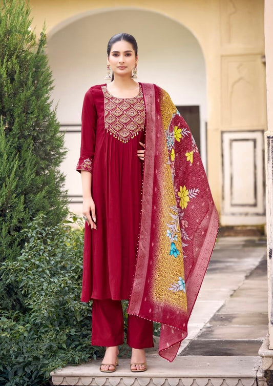 Viscose Chanderi Flared Kurta Pant Set with Maslin Jacquard Dupatta and Hand Embroidery