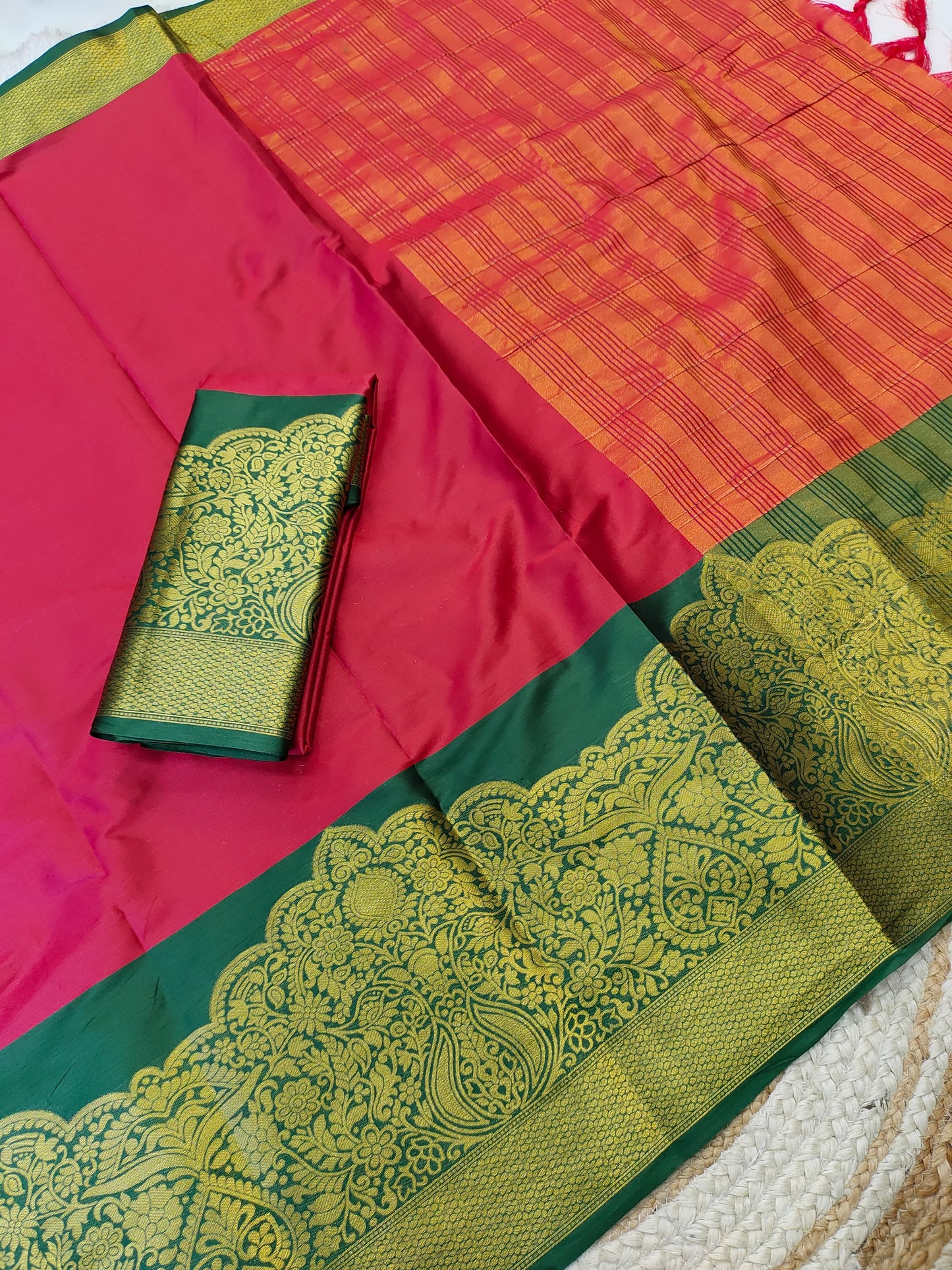 Kanjivaram Narayanpeth Silk Saree with Mor Designer Border and Contrast Pallu – With Blouse Piece