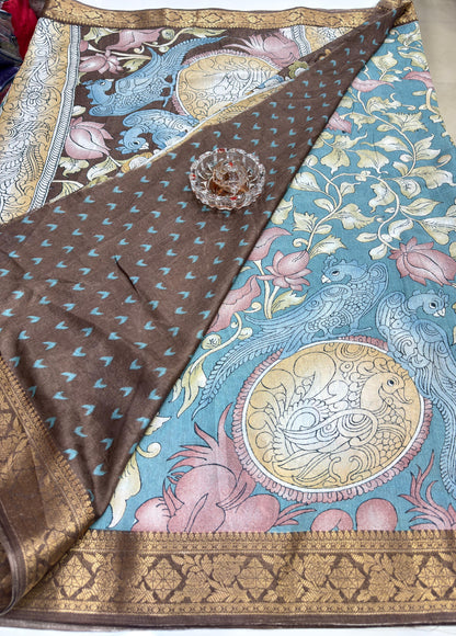 Silk blend printed saree with floral and bird motifs, zari border, women’s festive wear saree