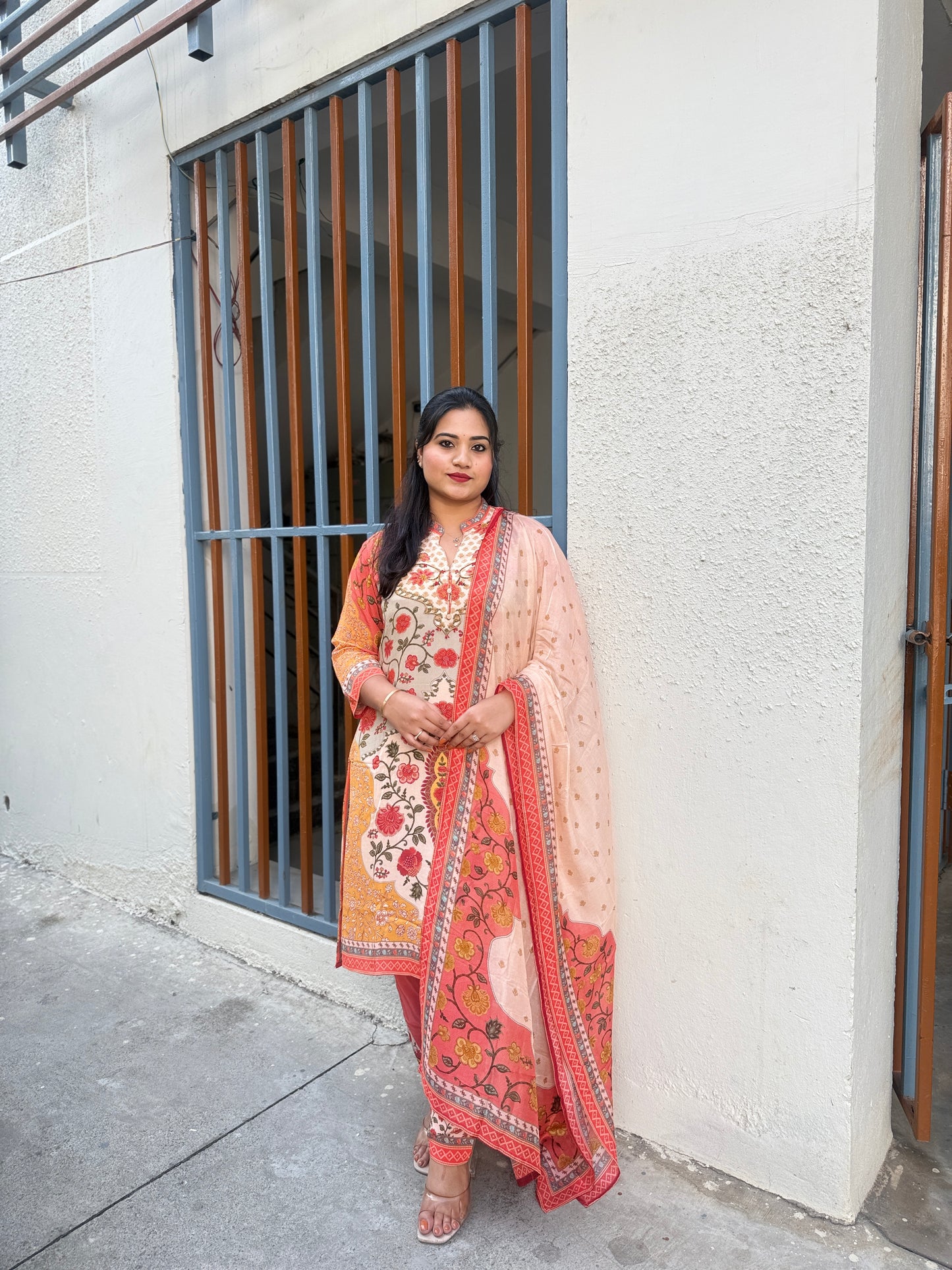 Premium digital crepe printed suit set for women with lining, kurta pant dupatta, thread work detailing