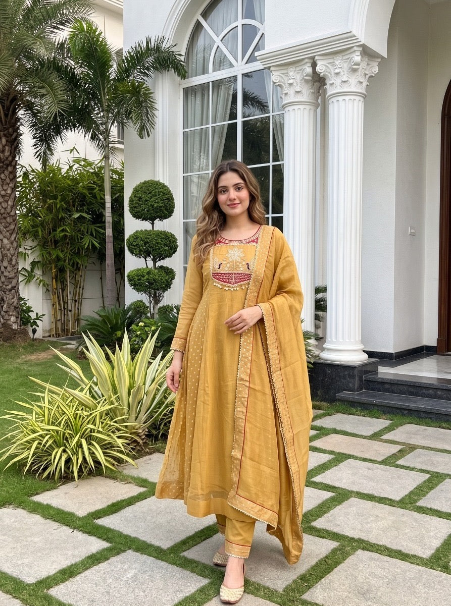 Salsa Adda Work Kurta Pant Dupatta Set for Women with Lining, Mustard Festive 3 Piece Set