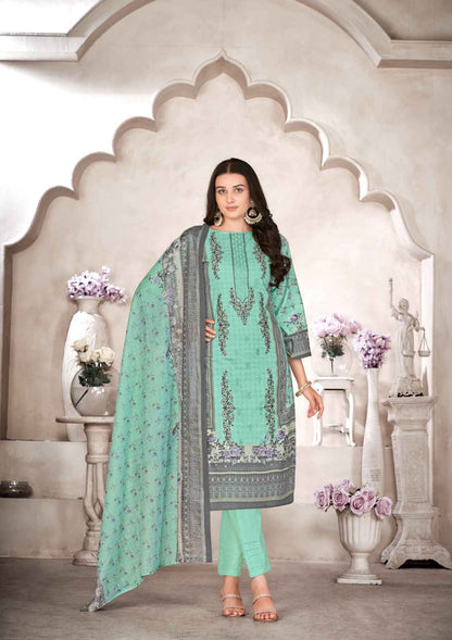 Unstitched Pure Cotton Cambric Suit Material with Self Embroidery and Mal Mal Dupatta