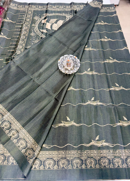 Semi Tussar Silk Saree with Ethnic Print Border and Tassel Pallu, Sea & Ships Print