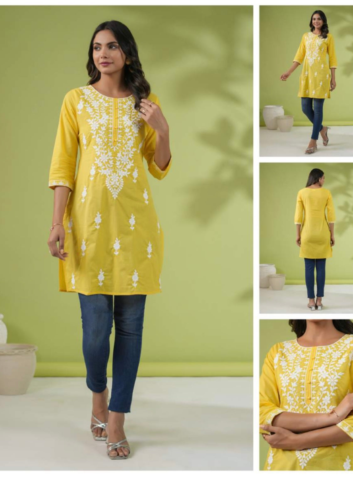 Yellow Cotton Embroidered Straight Tunic for Women with 3/4th Sleeves – M to XL