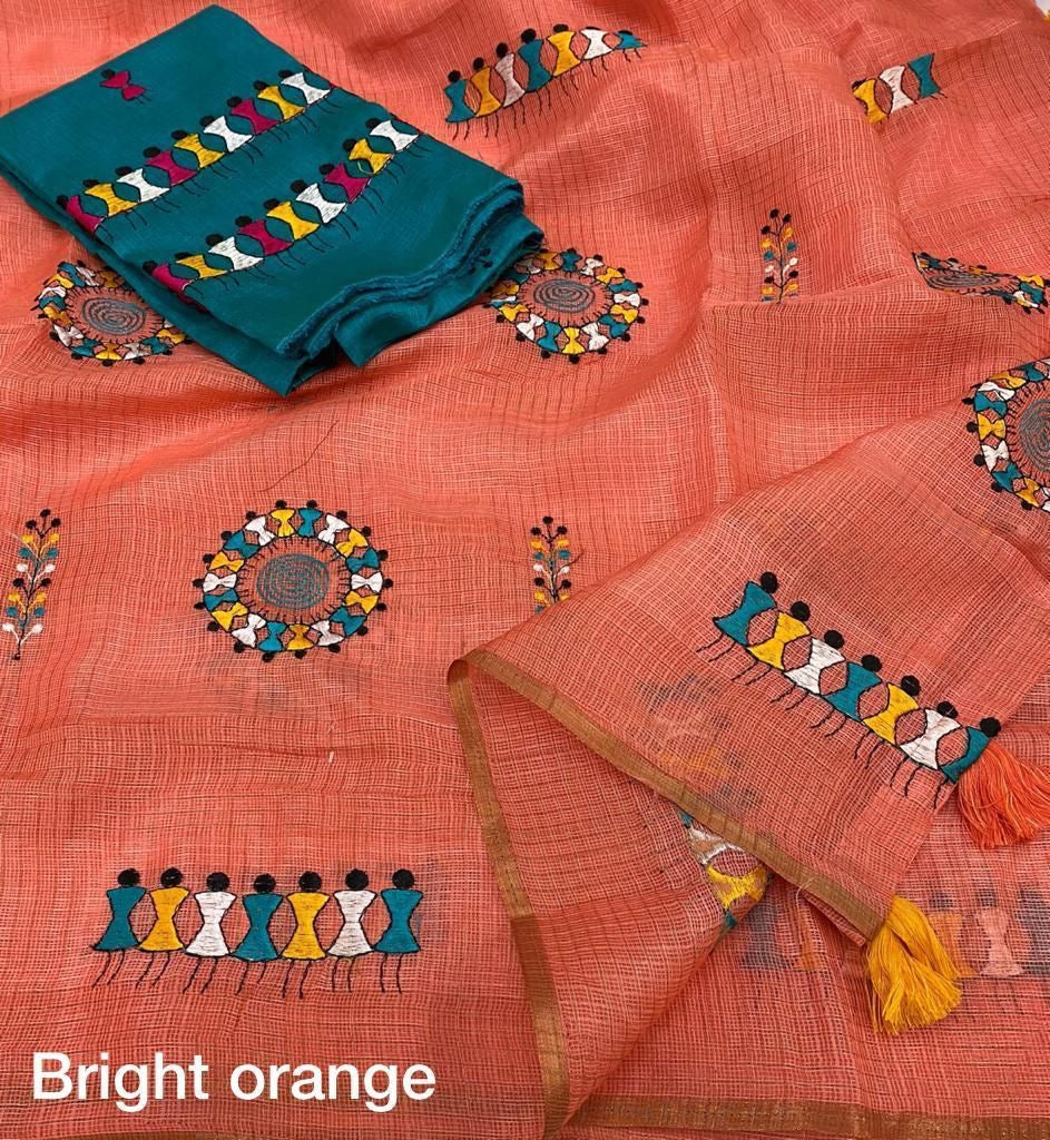 Manipuri Kota Chex Saree with Worli Embroidery and Zari Pattu Border, Mulberry Silk Blouse