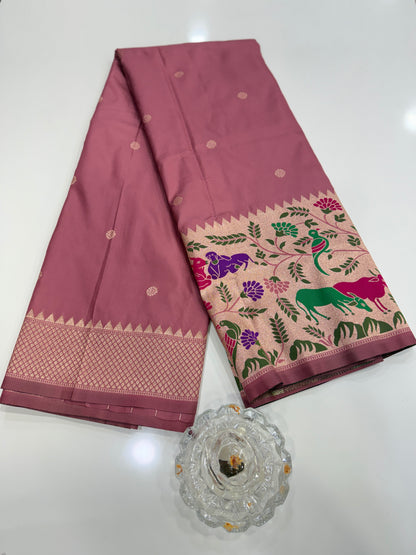 Paithani printed soft silk saree with zari-style border and contrast blouse for women