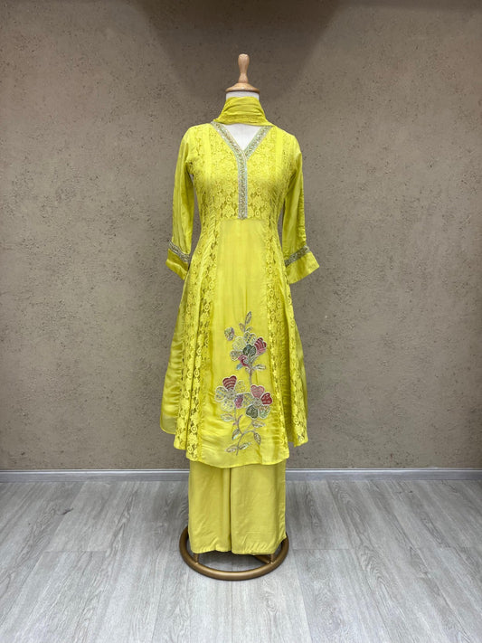 Glass organza and cotton schiffli kurta set with moti, sequence and cutdana work, cotton pant and chiffon dupatta – sizes 38–44