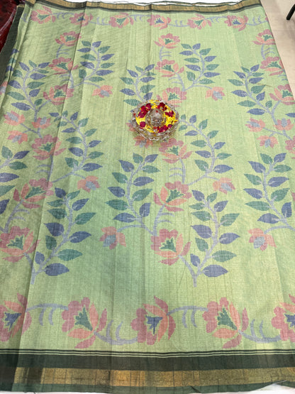 Raw tussar silk saree with smart floral design and soft marmo finish, printed border saree