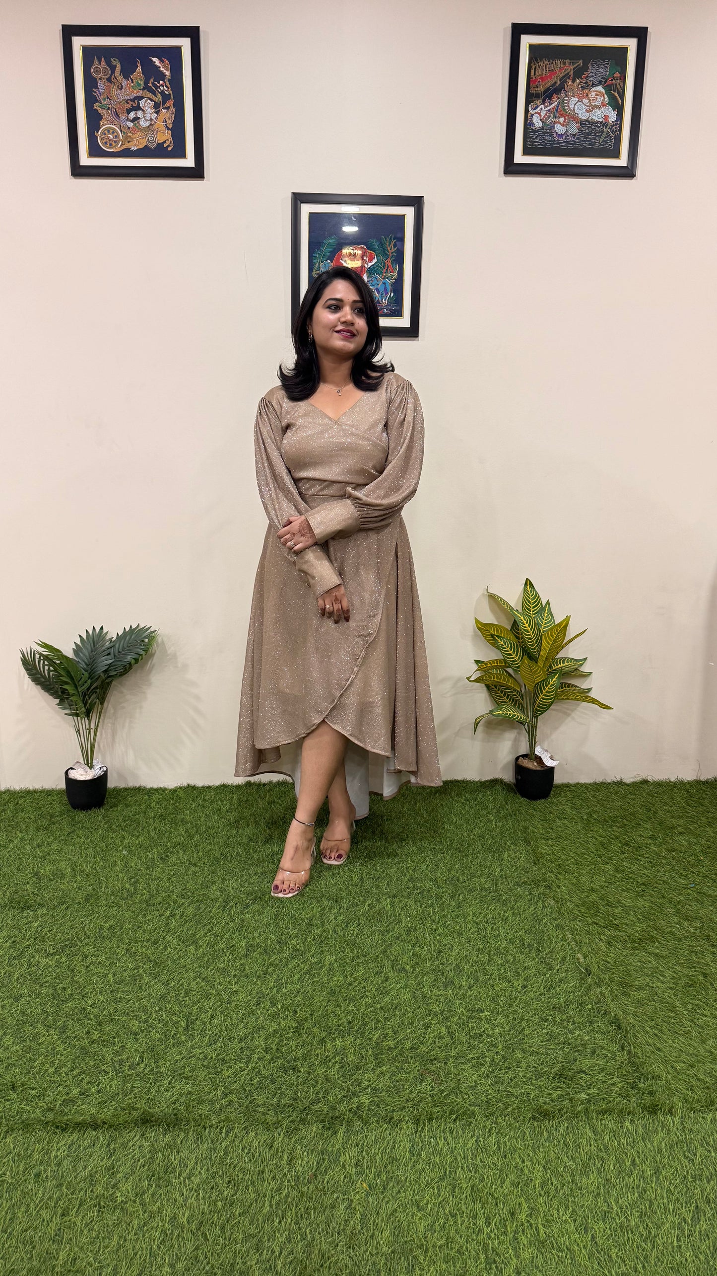 Two-Way Shimmer Lycra One-Piece High-Low Dress with Full Cuff Sleeves – Women’s Party Wear (Sizes 38 to 46)