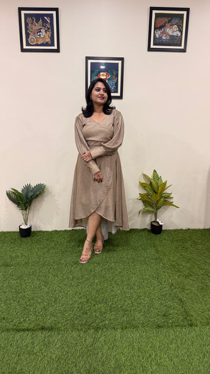 Two-Way Shimmer Lycra One-Piece High-Low Dress with Full Cuff Sleeves – Women’s Party Wear (Sizes 38 to 46)