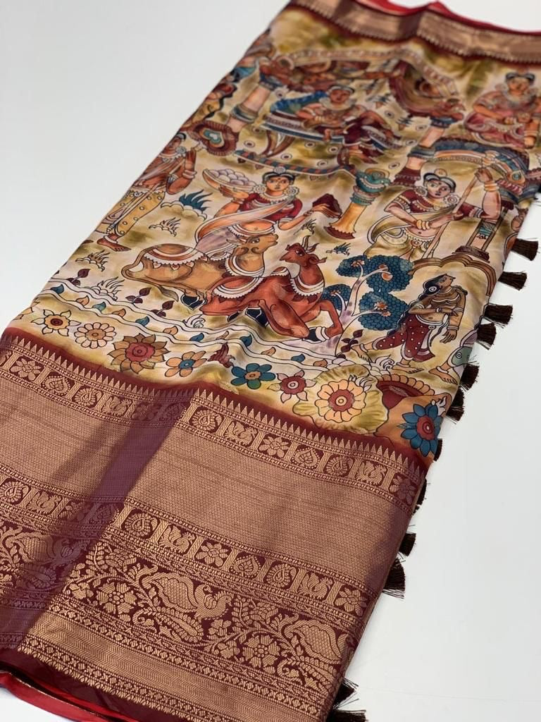 Banarasi Soft Silk Saree with Kalamkari Block Print and Zari Weaving – Party Wear for Women