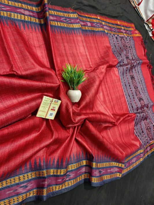 Pure Tussar Silk Saree with Ikkat Weaving and Vidarbha Temple Border – Silk Mark Certified