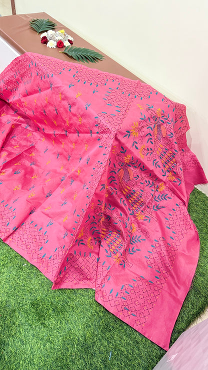Assam Silk Saree with Kantha Stitch Hand Embroidery and Matching Blouse – Women’s Ethnic Wear