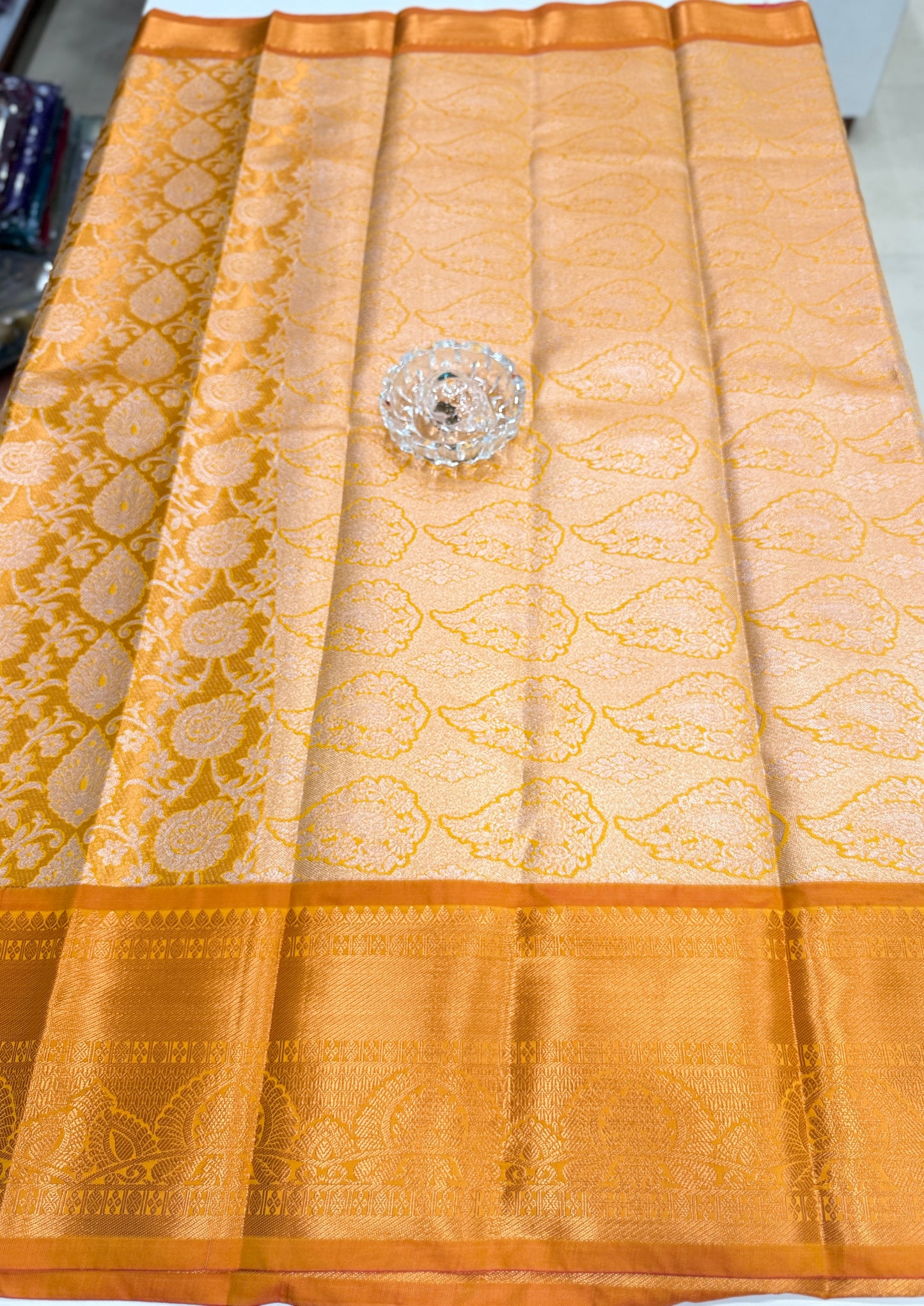 Bridal tissue saree for women with woven zari work and contrast border, kanchipuram style powerloom saree with blouse fabric