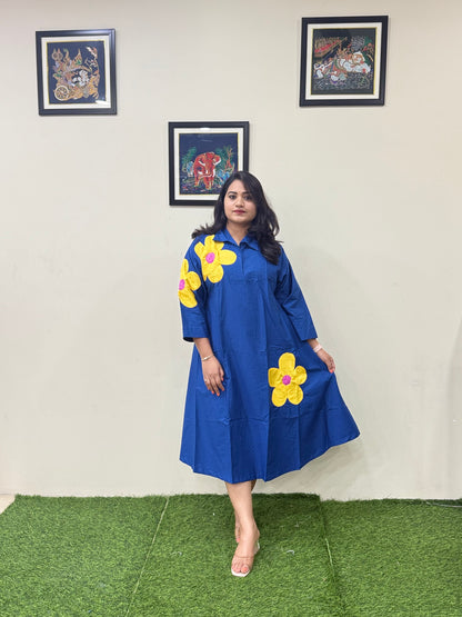 Poplin Cotton Applique Midi Dress with Bold Floral Motifs – Women’s Casual Wear (M to XL)