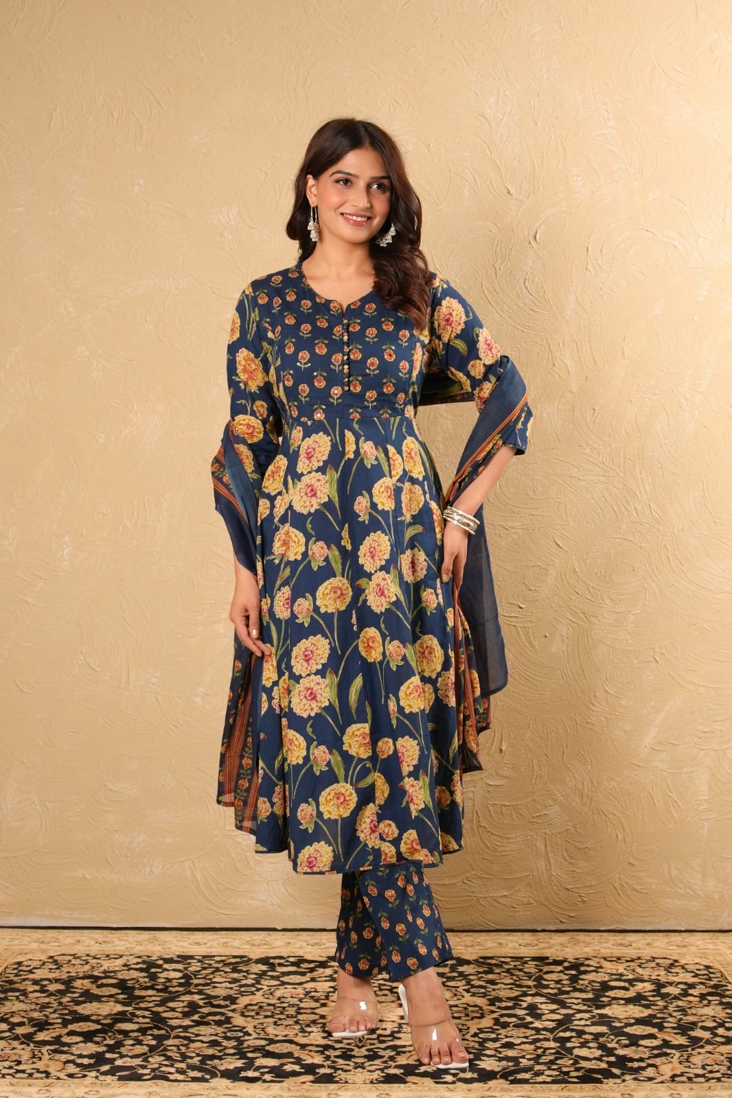 Cotton Anarkali Kurta Pant Dupatta Set with Detailing Work – M to 3XL