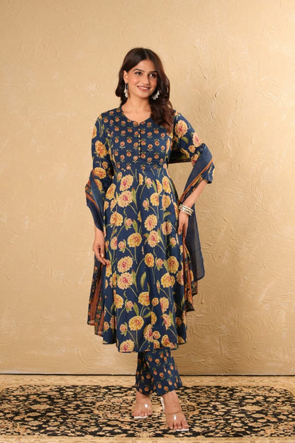 Cotton Anarkali Kurta Pant Dupatta Set with Detailing Work – M to 3XL