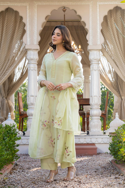 Mal Chanderi Anarkali Kurti Pant Set with Embroidery and Organza Scalloped Dupatta for Women