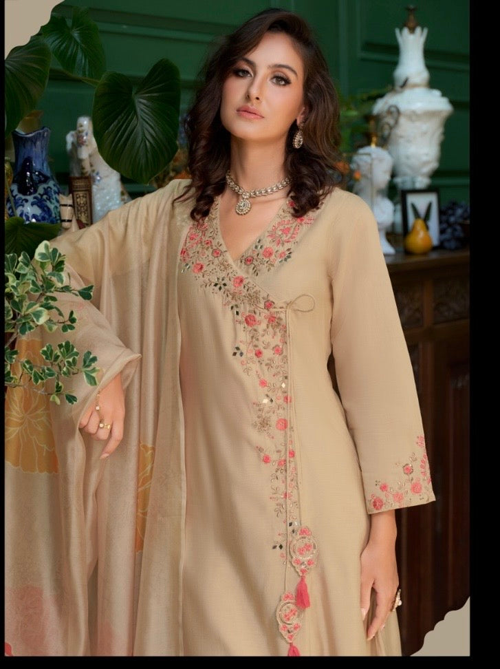 Women’s Roman Silk Angrakhha Kurti Set with Embroidery and Organza Dupatta – XL to XXL