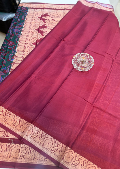 Pure Crepe Mysore Silk Saree for Women – Kalamkari Print with Kathan Border, 75 Gram, Silk Mark Certified