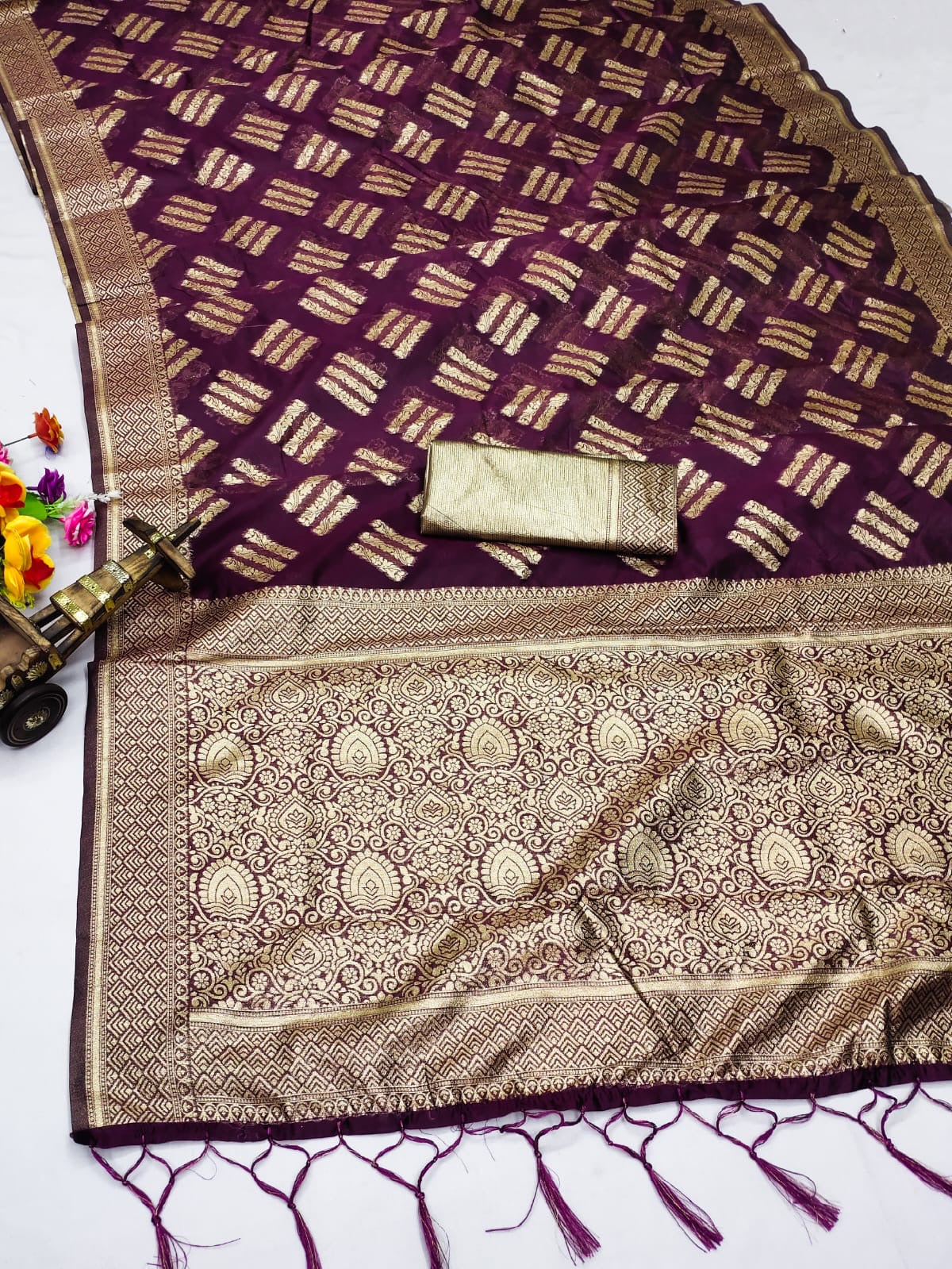 Organza Silk Zari Weaving Saree with Golden Butties, Silver Zari Pallu & Brocade Blouse