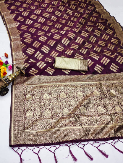 Organza Silk Zari Weaving Saree with Golden Butties, Silver Zari Pallu & Brocade Blouse