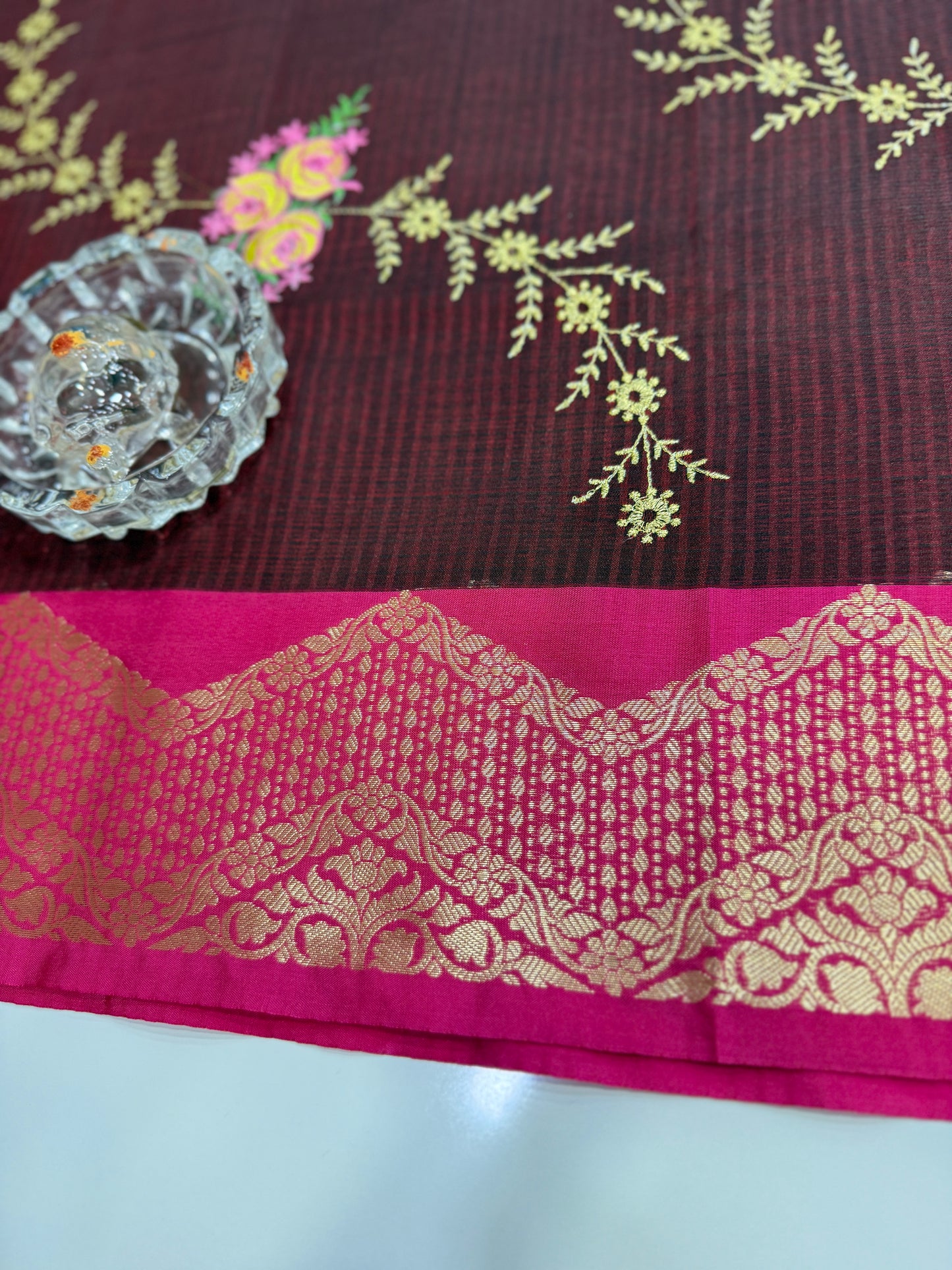 Banarasi kota silk saree with floral embroidery, contrast magenta zari border and matching blouse piece for women