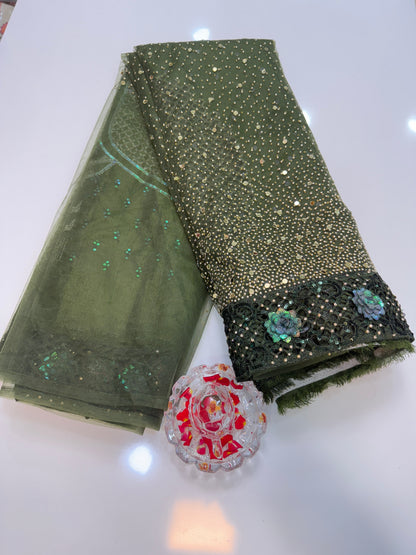 Olive Green Sequin Embroidered Saree for Women – Fancy Designer Fabric with Floral Pallu and Lace Border
