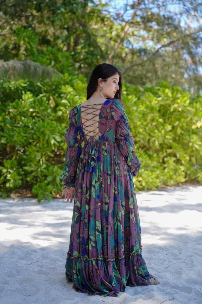 Women’s Floral Fox Georgette Maxi Dress with Frills – Sizes S to XXXL