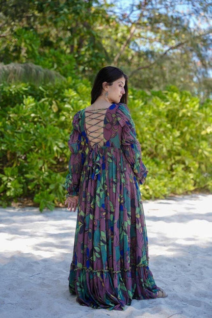 Women’s Floral Fox Georgette Maxi Dress with Frills – Sizes S to XXXL