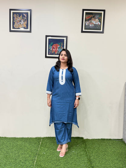 Premium Fancy Denim Co-Ord Set for Women with Thread Work – Fish-Cut Top and Pocket Pant