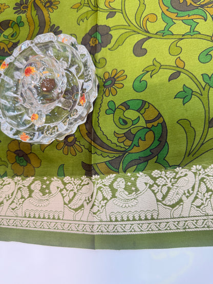 Pure Crepe Mysore Silk Saree for Women – Kalamkari Print with Kathan Border, 75 Gram, Silk Mark Certified