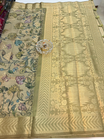 Bamboo Silk Floral Printed Saree with Rich Decorative Pallu, Rich Floral Kalamkari Style Prints