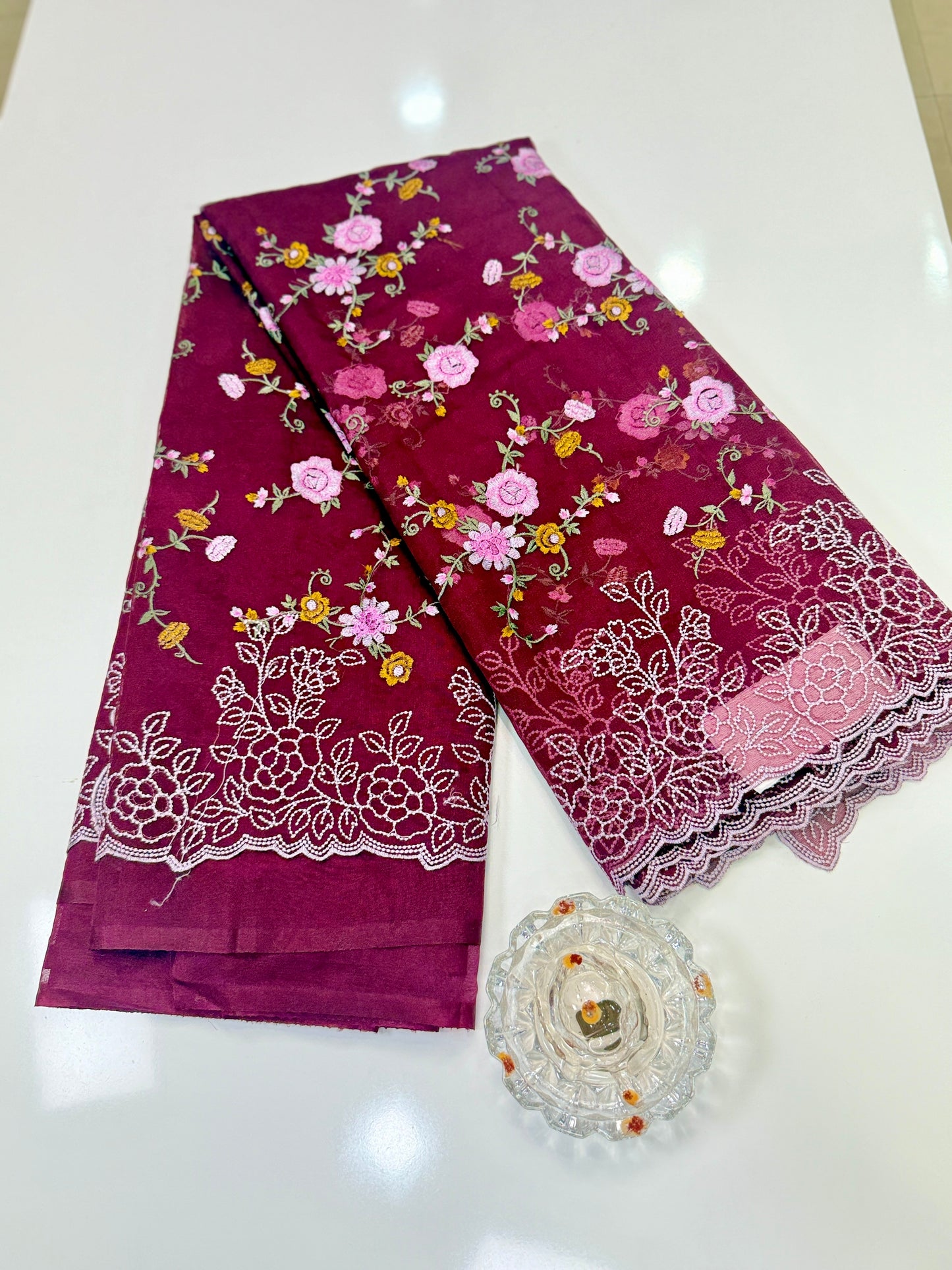 Kora Banarasi Saree with Floral Embroidery and Woven Border – Lightweight Festive Wear