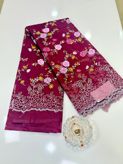 Kora Banarasi Saree with Floral Embroidery and Woven Border – Lightweight Festive Wear