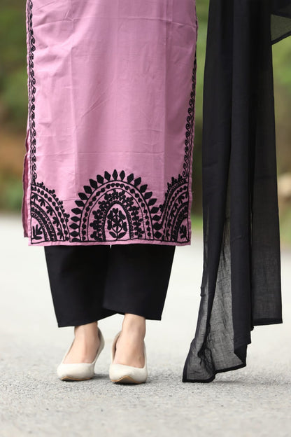 Embroidered Cotton Kurti Pant Dupatta Set for Women with Designer Sleeves – Sizes 38 to 46