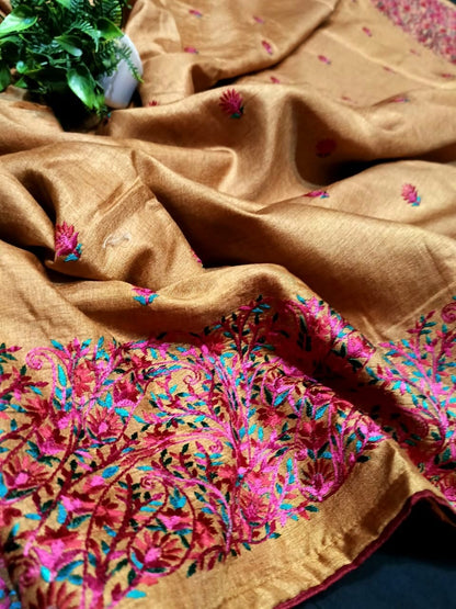 Semi Tussar Silk Saree with Heavy Kashmiri Embroidery and Contrast Red Blouse for Women