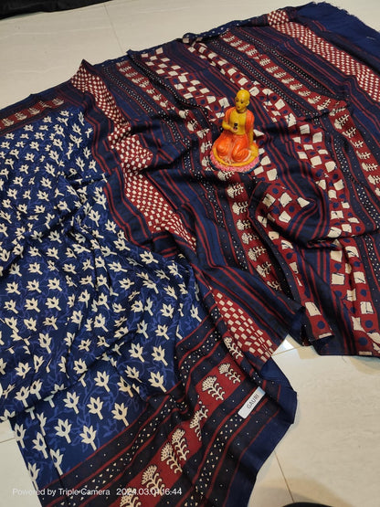 Semi Modal Silk Saree with Hand Block Prints and Contrast Blouse for Women