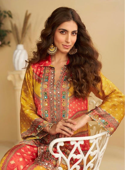 Crepe Silk Digital Printed Co-Ord Set with Mirror Work for Women – Festive Wear Kurta Pant Set