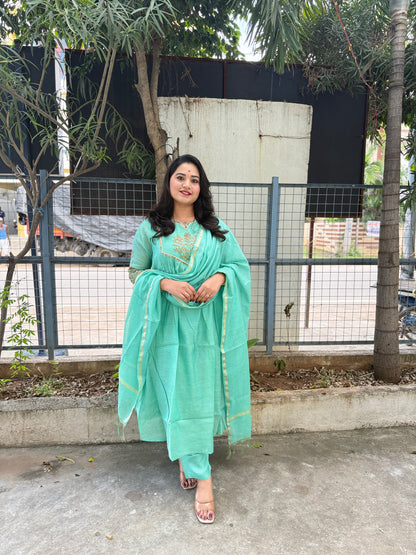 Pure Mul Chanderi Kurta Pant Dupatta Set with Hand Embroidery – Elegant Festive Wear for Women