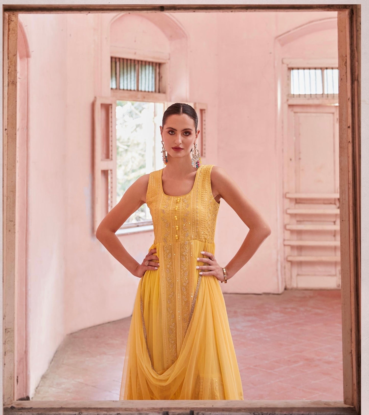 Women’s Full-Flared Long Gown with Front Slit – Fusion Ethnic Wear Free Size