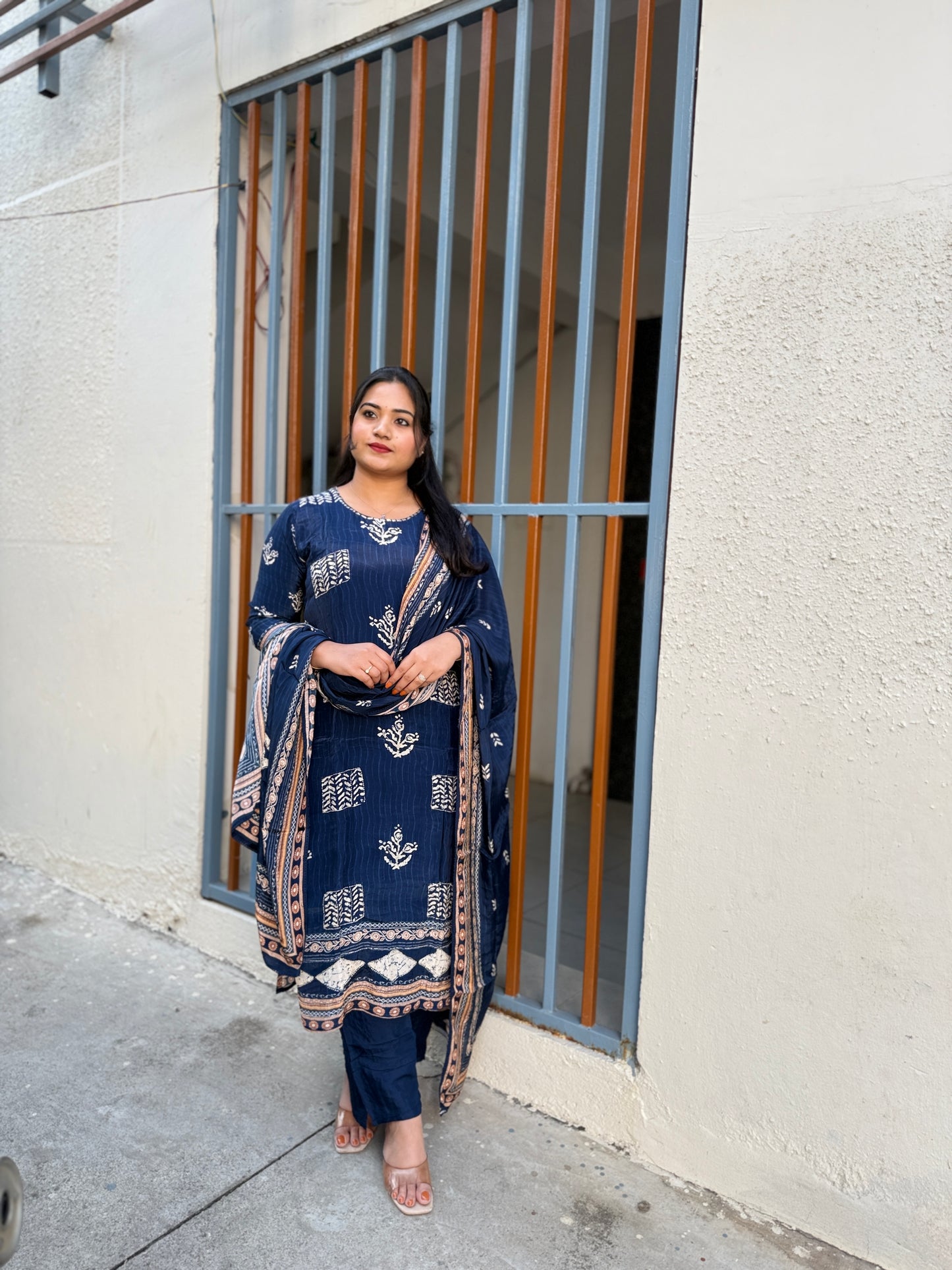 Pure natural crepe kurti pant dupatta set with heavy handwork and cotton lining for women